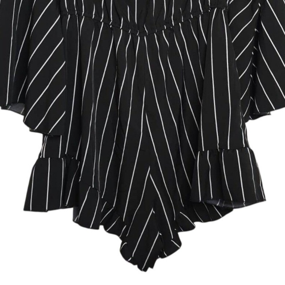 Womens Black White Striped Off Shoulder Romper Bell Sleeve Ruffle Hem XL - Picture 3 of 5